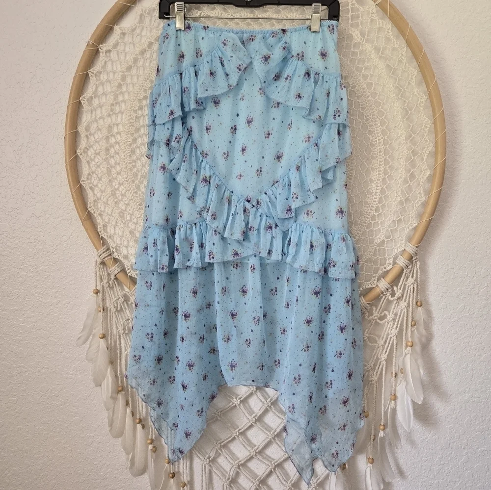 Urban Outfitters Boho Fairycore Blue Ditsy Floral Ruffle Asymmetrical Midi Skirt